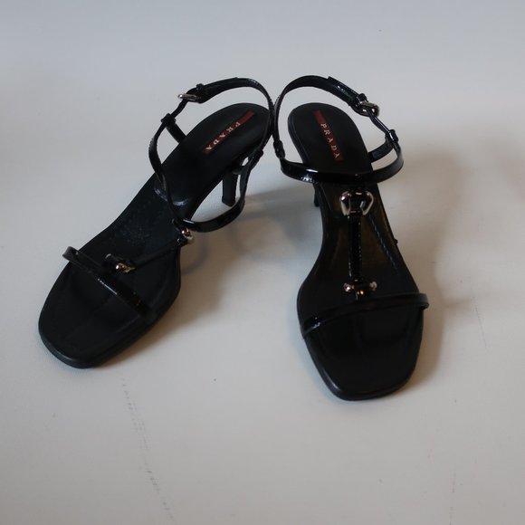 PRADA LEATHER STRAPPY HEELED SANDALS 37.5 US/7.5 *